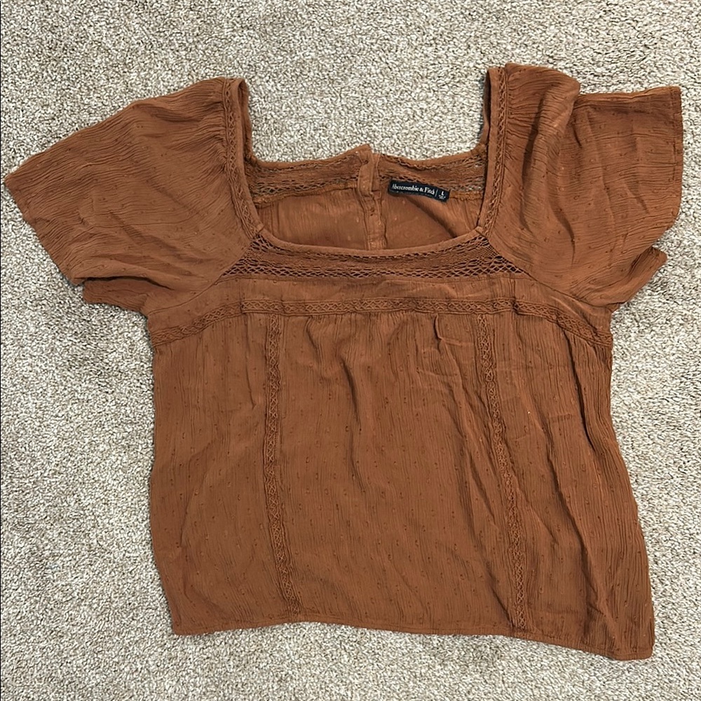 Abercrombie & Fitch Smocked Puff Sleeve Blouse in Brown